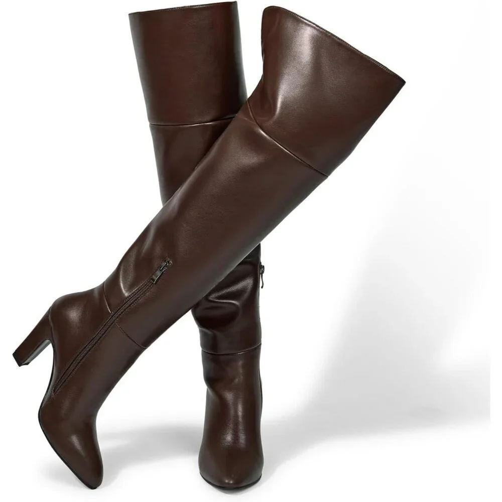 Women Chocolate Brown Faux Leather Side Zipper Thigh High Over the Knee Boot